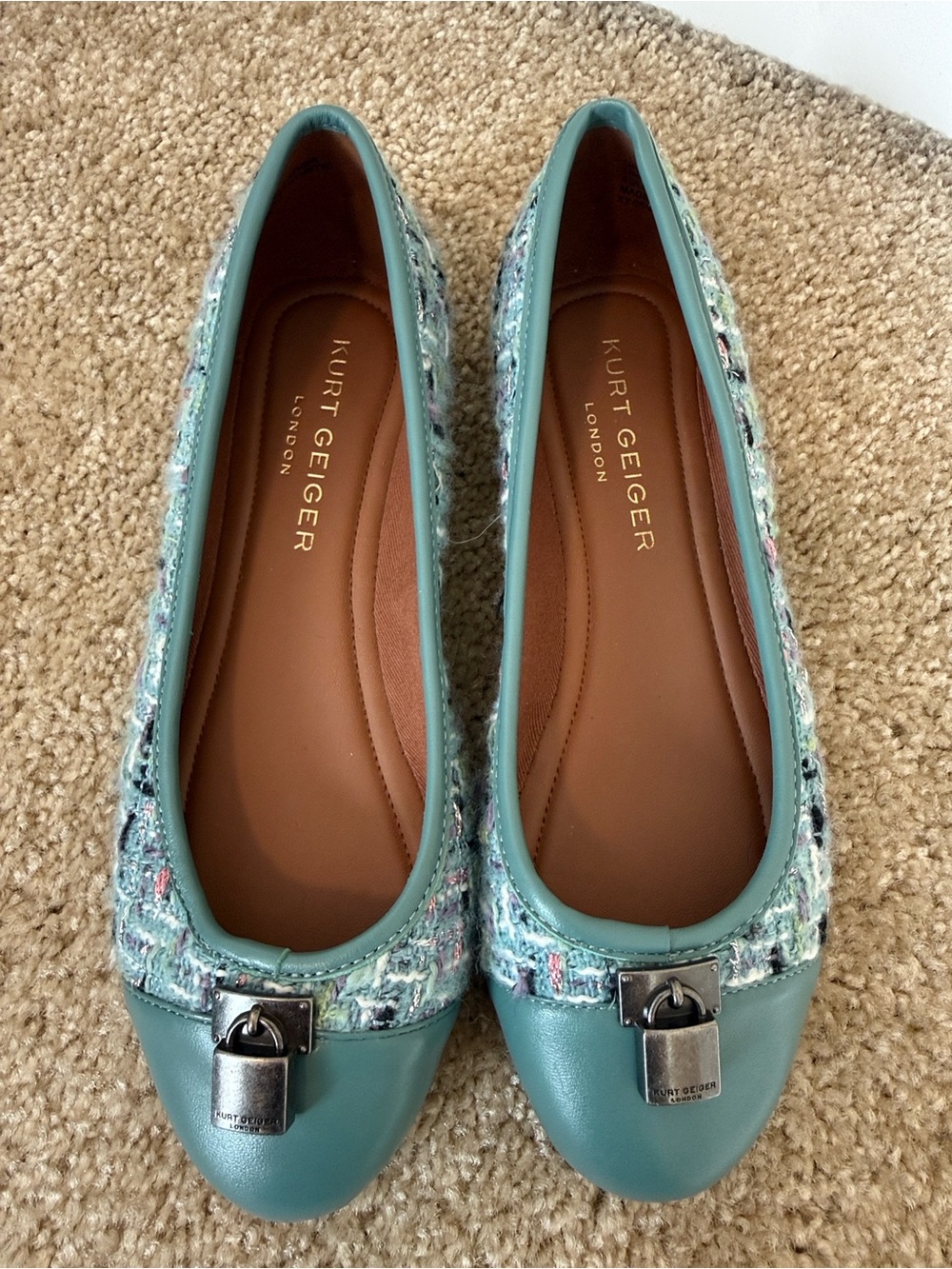 Kurt Geiger Tweed ballet flats metal silver detail black pink white shoe 8.5